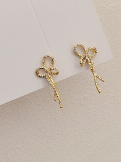 14k Gold [Earrings] Brass Cubic Zirconia Bowknot Minimalist Drop Earring